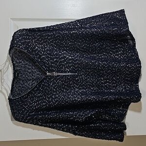 Alfani Dark Blue Silver Quarter Zip Sparkle Long Sleeve Shirt Semi Sheer Size XL